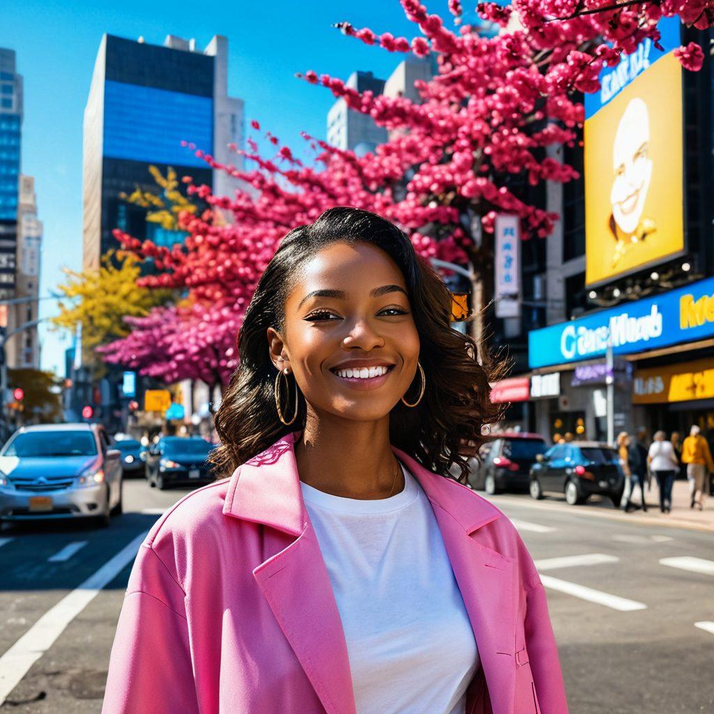 A confident individual radiating beauty and style, standing on a vibrant city street, surrounded by colorful blossoms and modern fashion billboards. They are dressed in the latest trendsetting attire, with an uplifting smile and an aura of inspiration. Sunlight filters through tall buildings, casting a warm glow, symbolizing a glowing lifestyle and the courage to shine. super-realistic. vibrant colors. urban setting.