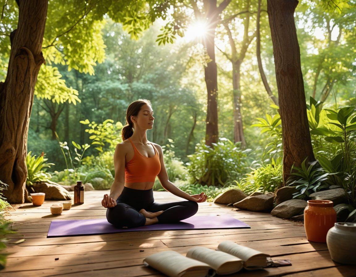 A serene scene depicting a diverse group of individuals engaged in various self-care activities like meditation, yoga, and journaling in a tranquil outdoor setting. Emphasize greenery, soft sunlight filtering through trees, and colorful wellness items like herbal teas and essential oils to evoke a sense of calm and empowerment. Include elements suggesting health, mindfulness, and community support. super-realistic. vibrant colors. peaceful atmosphere.