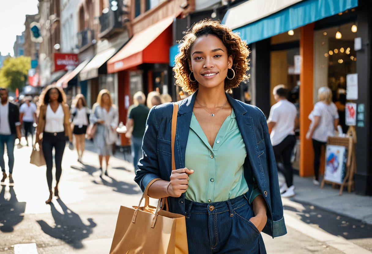 A confident woman standing on a bustling city street, wearing a stylish, trendy outfit, surrounded by elements representing modern lifestyle such as shopping bags, café culture, and vibrant street art. Her pose is empowering, exuding self-assurance and charisma, with soft sunlight illuminating her features. Include diverse individuals in the background, showcasing different styles, to emphasize inclusivity and trendsetting. super-realistic. vibrant colors. urban setting.